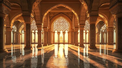 Majestic mosque interior bathed in golden sunlight reflecting on marble floors