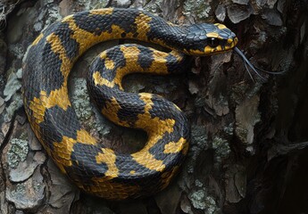 Fototapeta premium A Vibrant and Striking Close-Up of a Black and Yellow Snake Coiled on a Textured Tree Bark, Showcasing Intricate Patterns and Natural Beauty in a Rich Forest Habitat