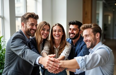 Business team members happy together in office. Group synergy. Smiling businesspeople unite hands. Successful team collaboration. Positive vibes. Modern office setting. Group photo. Work environment.