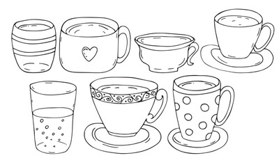 mugs, cups, saucers, drinks, tea and coffee, tea set, vector set of black and white doodle elements, coloring book, cute design element