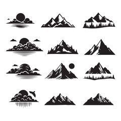 Mountains silhouette illustration set isolated on white background