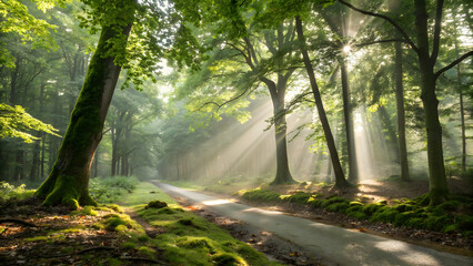 Obraz premium Golden sunbeams pierce through the misty woods, illuminating the path winding through the vibrant green foliage
