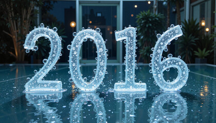 Transparent 2016 numbers covered with water bubbles, reflecting on a poolside at night, representing refreshing celebrations, luxury, and elegance