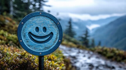 Blue Smiley Face Sign Marks Mountain Trail
