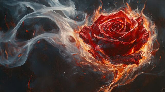 beautiful, A red rose made of flames, smoke swirling around it, oil painting, detailed, beautiful, elegant, hyper realistic, high quality, detailed, HD, 8K, --no text fonts letters watermark words ty