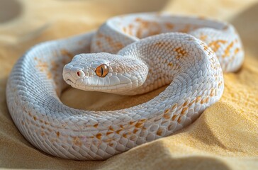 Fototapeta premium Captivating Close-up of a Beautiful White Snake Coiled on Soft Golden Sand, Displaying Stunning Texture and Unique Color Patterns for Nature Lovers