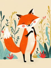 Obraz premium Cute orange fox character with playful expression among plants