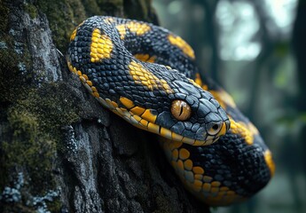 Fototapeta premium Captivating Close-Up of a Colorful Python Coiled on a Tree, Showcasing Its Unique Scales and Intelligent Eyes in a Lush Forest Environment