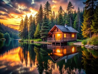 Fototapeta premium Panoramic sunset paints a serene lake cabin scene; cozy cottage reflects nature's beauty.