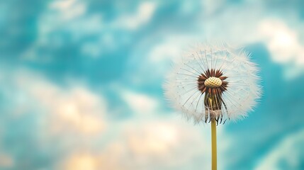 Obraz premium Close-up of a dandelion seed head against a blurred teal sky.