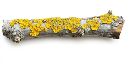 Vivid Yellow Lichens on Poplar Bark: Macro Photography Isolated on White Background