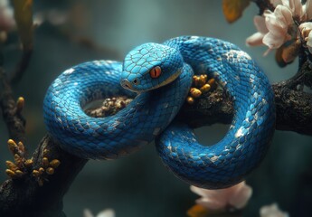 Obraz premium Captivating Close-up of a Vibrant Blue Snake Coiled on a Branch Surrounded by Delicate Blossoms in a Soft Focus Nature Setting