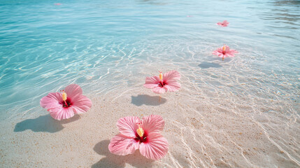 beautiful, Pink flowers floating in the clear blue water of an ocean, on a sandy beach with light, white, fine golden grains, with light pink hibiscus petals lying flat at sea level.