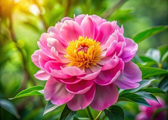 Fototapeta premium Pink peony blooms, yellow heart, vibrant green leaves, aerial drone perspective, watercolor effect.