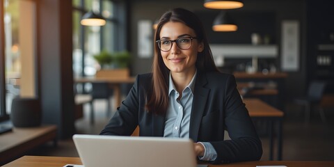 Focused businesswoman smiles, working on laptop in modern cafe.  Ambition and success shine through.
