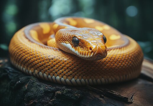Captivating Close-Up of a Vibrant Yellow Python Nestled Comfortably on a Log in a Lush Forest Environment Surrounded by Rich Green Foliage and Soft Natural Light