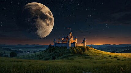 Epic Night Sky with Full Moon, Starry Castle on Hill, Fantasy Scene V3