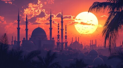 Mosque silhouette at sunset with glowing sun for Ramadan Kareem background