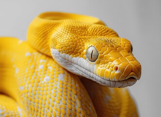 Fototapeta premium Captivating Close-Up of a Vibrant Yellow Snake Showcasing Its Intricate Scales and Unique Texture Against a Neutral Background