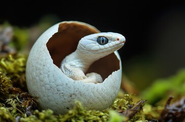 Obraz premium Captivating Image of a White Snake Emerging from a Broken Egg Shell Surrounded by Lush Green Moss in a Natural Habitat Setting