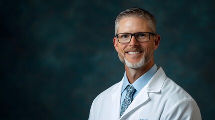 Confident and experienced male medical doctor in a white coat standing in a thoughtful pose, exuding a sense of professionalism, expertise.