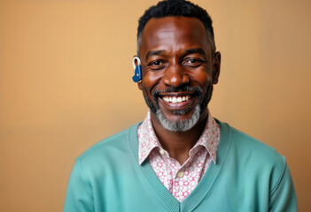 Fototapeta premium Smiling African senior man wears hearing aid. Positive mature person looks directly at camera. Studio shot against beige background. Man wears teal colored sweater. Image suitable for disability