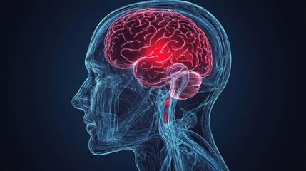 beautiful, A detailed X-ray style illustration of the human head with the brain, highlighting red pain areas on one side.