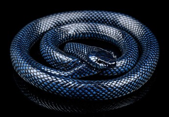 Obraz premium Close-Up of a Beautiful Black and Blue Snake Coiled on a Reflective Surface Against a Dark Background, Highlighting Its Unique Scales and Patterns