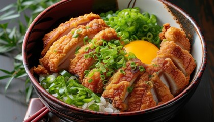 Fototapeta premium Delicious Katsudon Bowl with Toppings of Green Onion and Egg in Japanese Cuisine