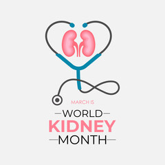March is National Kidney Month, a time to promote kidney health awareness with stethoscope and hands. Banner poster, flyer and background design template. Vector illustration. Eps 10.