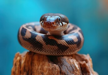 Obraz premium Close-up of a Beautiful Python Snake Curled on a Log, Showcasing Vibrant Scales and Intricate Patterns, Against a Soft Blue Background