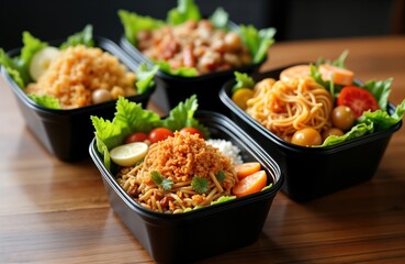 Variety of modern Thai food portions in black plastic take-away containers. Healthy meal solutions for lunch dinner. Food looks fresh, ready to eat. Image suitable for food delivery services catering