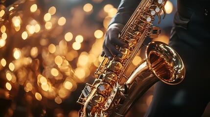 Fototapeta premium Close-up of a musician's hands playing a gold saxophone against a bokeh background.