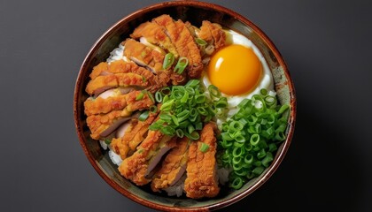 Fototapeta premium Delicious Katsudon Bowl with Toppings of Egg and Green Onions on Dark Background