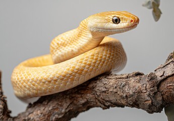 Fototapeta premium Close-up of a beautiful yellow snake resting on a textured branch, showcasing intricate scales and captivating gaze, perfect for wildlife or nature photography projects.