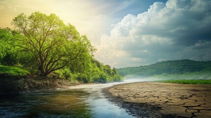 Obraz premium A serene landscape of a riverbank with green trees contrasted with another view of a dried-up riverbed, illustrating the dramatic effects of changing weather patterns.