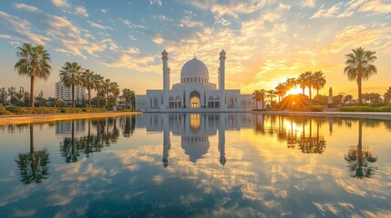 Fototapeta premium Majestic white mosque at sunrise reflected in calm water with clear skies