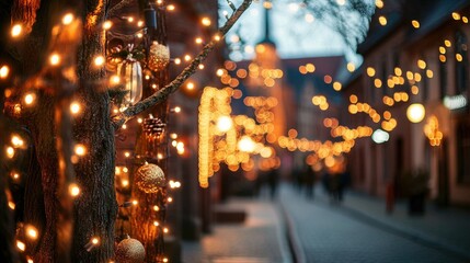 Obraz premium Beautiful Christmas lights in the evening near St. Mary's Church in Celle, Germany, casting a warm and festive glow on the charming streets of this historic town