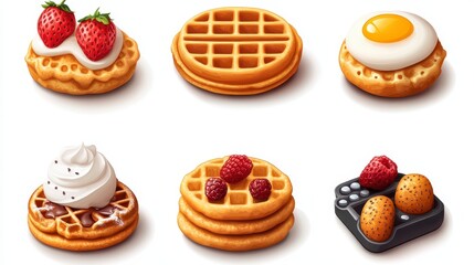 Assorted waffles with various toppings, including strawberries, whipped cream, raspberries, and a fried egg.