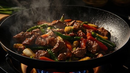 A sizzling skillet on a stovetop with vibrant vegetables and succulent pieces of meat, creating a mouth-watering stir-fry with steam rising, capturing the essence of home cooking.