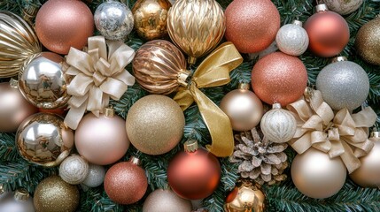 Beautiful Christmas tree decorations with close-up details of ornaments, golden ribbons, and twinkling lights, perfect for a festive New Year's  background