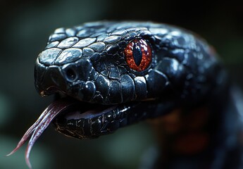 Close-Up of a Black Snake with Striking Red Eyes, Captivating Texture and Unique Features, Set Against a Mysterious Natural Background