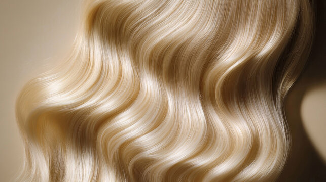 beautiful, Close-up of blonde, wavy hair in the sunlight against a beige background. High-resolution photography with high detail, professional color grading, soft shadows, and no contrast.