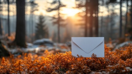 Blank white envelope on autumn foliage in a forest at sunrise.