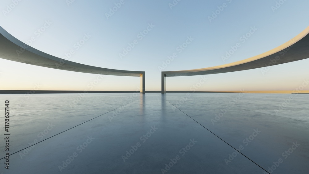 Poster 3d render of abstract modern architecture with empty cement floor, minimal exterior, car presentation background