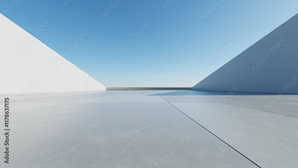 Poster 3d render of abstract modern architecture with empty cement floor, minimal exterior, car presentatio