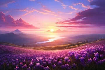 Spring flowers field sky landscape panoramic.