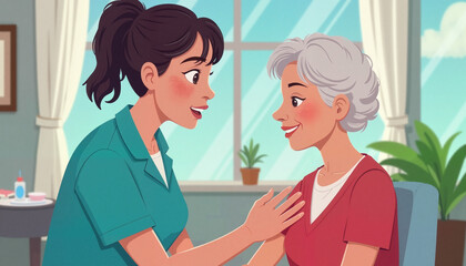 Obraz premium Caring nurse comforting elderly woman indoors
