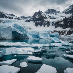 A glacial lake with icebergs floating, surrounded by snowy cliffs and trees.