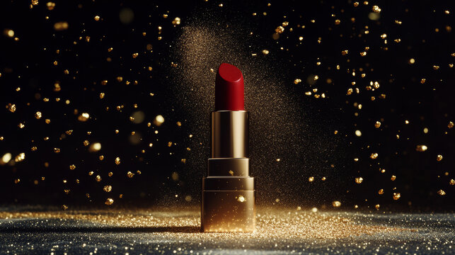 beautiful, A lipstick is placed on the table, surrounded by gold powder particles flying in the air, creating an overall dark background with a strong contrast between light and shadow.